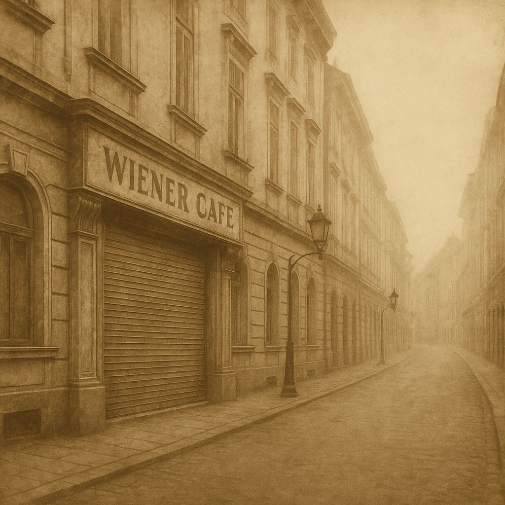 Sepiafarbenes Foto einer leeren Altstadtstraße. Links im Vordergrund eine Hausfassade mit dem breiten Schild „WIENER CAFE“ über einem heruntergelassenen Metall-Rolltor. Gaslaternen stehen am Bordstein; die Straße verschwindet nach rechts hinten im Dunst.