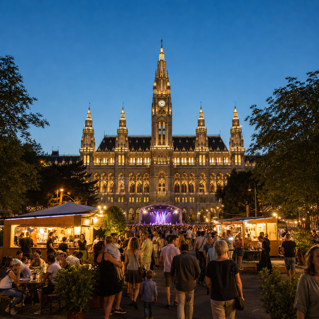 Abendliche Veranstaltung mit Marktständen und Bühne vor dem beleuchteten Wiener Rathaus.